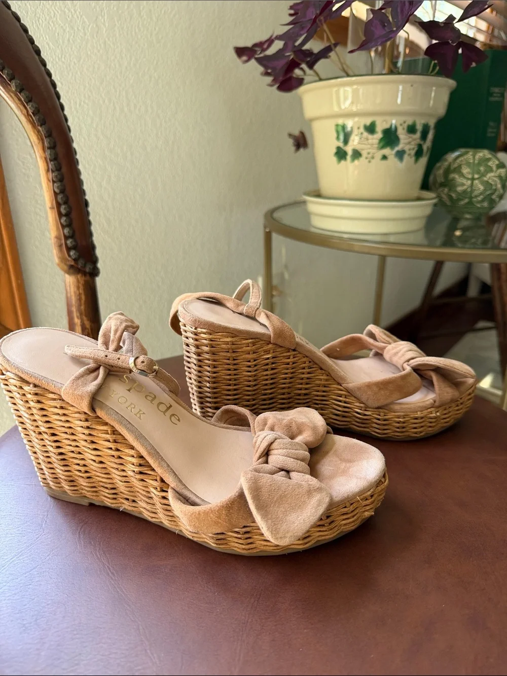 kate spade Tan Suede Knot Wedge Sandals